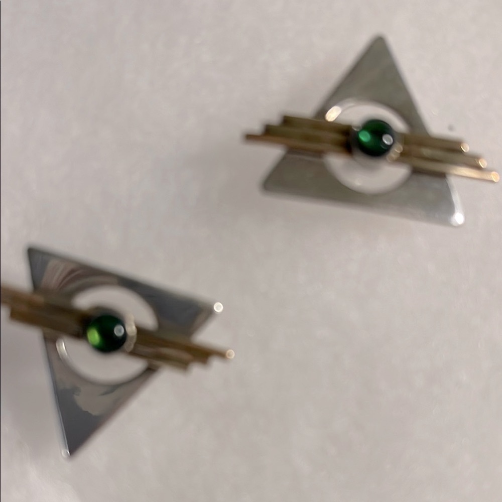 Mid century Modernistic triplet silver  and Gold Triangle Earrings - Picture 3 of 10